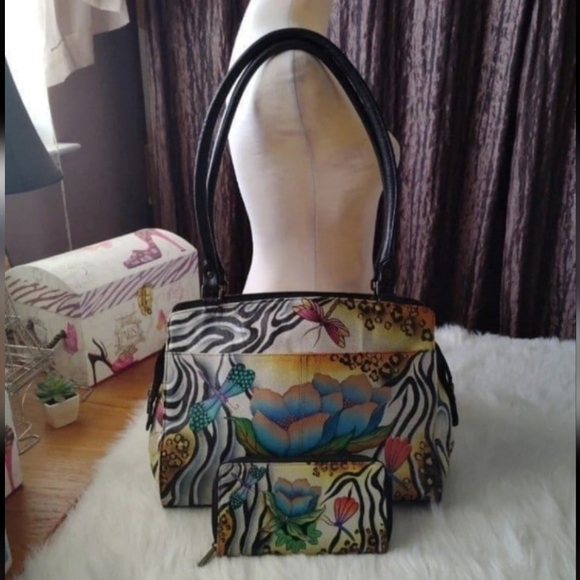 ANUSCHKA BAG LARGE TOTE  HANDPAINTED LEATHER ZEBRA PRINT & WALLET SET - Picture 2 of 15